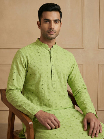 Men's Lime Green Chikankari Embroidered Cotton Kurta