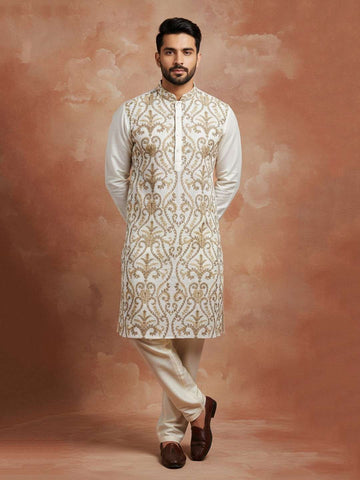 Chhaap Off White Thread Embroidered Full Sleeve Straight Kurta