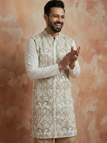 Chhaap Off White Thread Embroidered Full Sleeve Straight Kurta