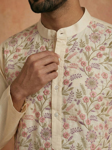 Men's Ivory Cotton Silk Floral Embroidered Kurta