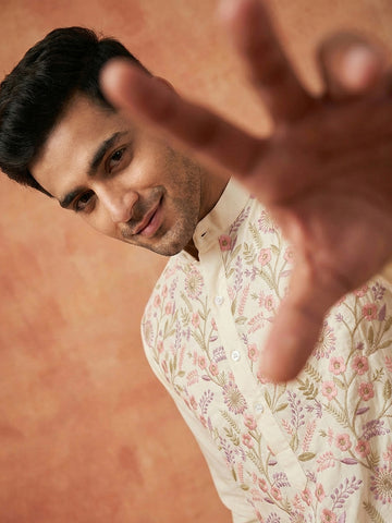Men's Ivory Cotton Silk Floral Embroidered Kurta