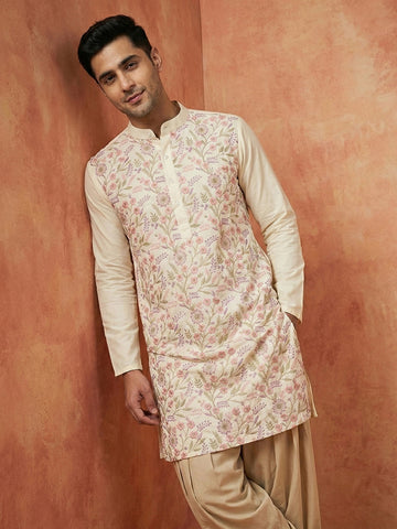 Men's Ivory Cotton Silk Floral Embroidered Kurta
