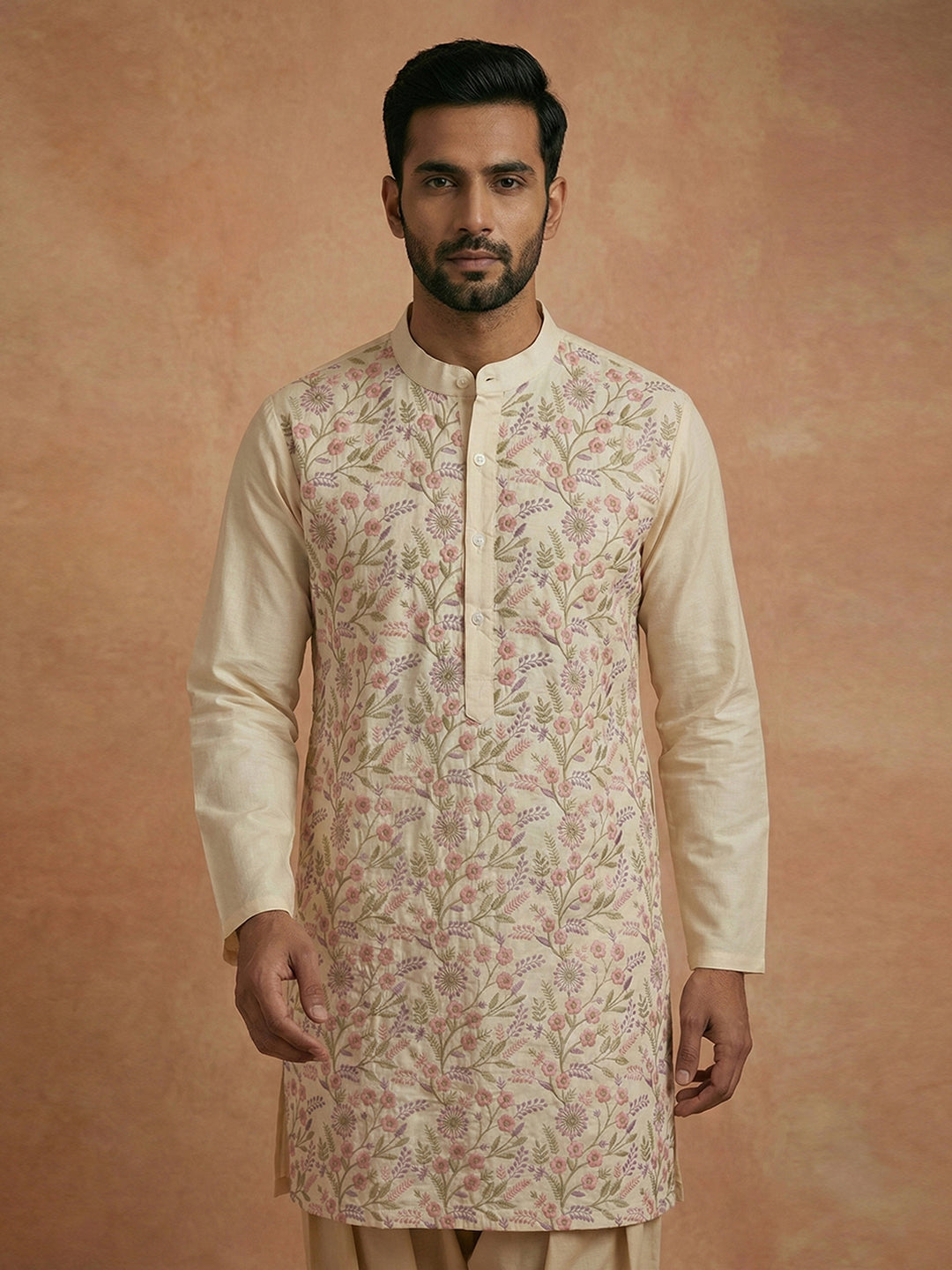 Men's Ivory Cotton Silk Floral Embroidered Kurta