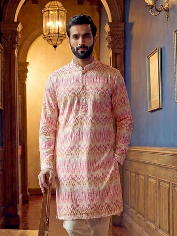 Pastel Pink Chevron Print Men's Cotton Kurta