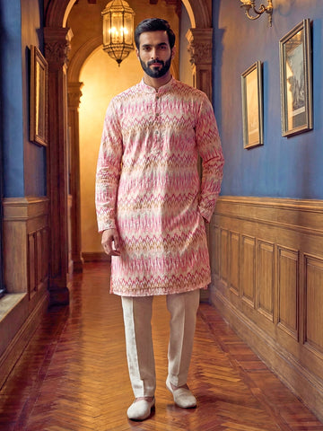Pastel Pink Chevron Print Men's Cotton Kurta