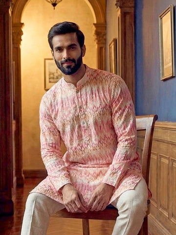 Pastel Pink Chevron Print Men's Cotton Kurta
