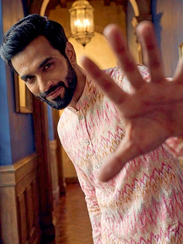 Pastel Pink Chevron Print Men's Cotton Kurta