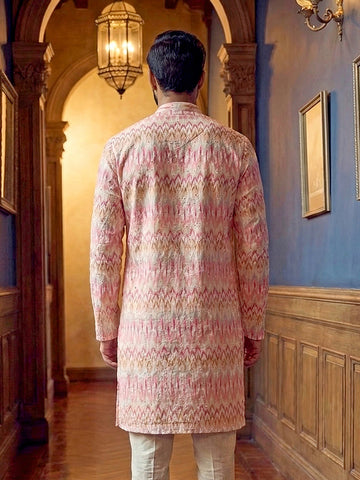 Pastel Pink Chevron Print Men's Cotton Kurta