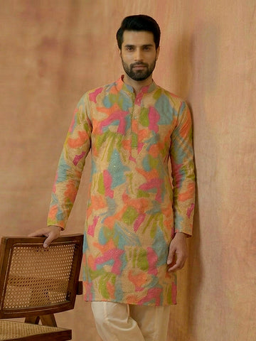 Multicolor Abstract Print Cotton Chikankari Kurta for Men