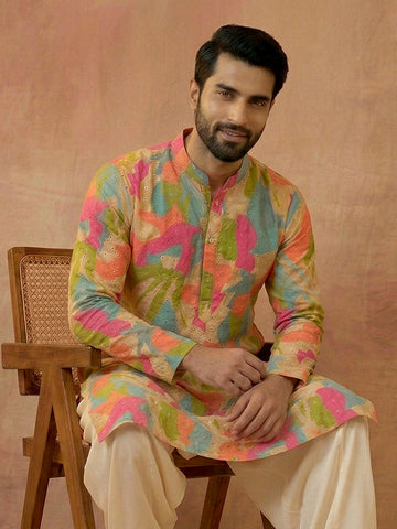 Multicolor Abstract Print Cotton Chikankari Kurta for Men