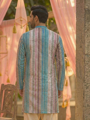 Pastel Multi-Color Striped Sequin Silk Kurta for Men