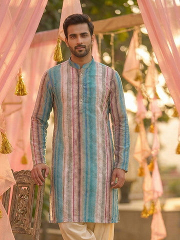 Pastel Multi-Color Striped Sequin Silk Kurta for Men