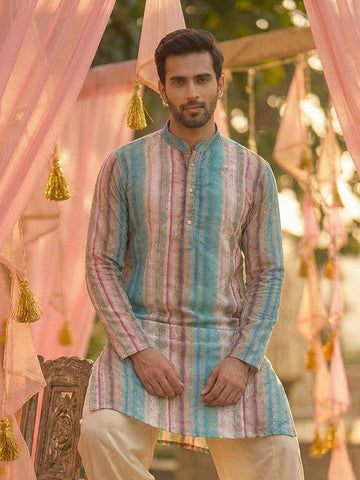 Pastel Multi-Color Striped Sequin Silk Kurta for Men