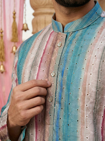 Pastel Multi-Color Striped Sequin Silk Kurta for Men