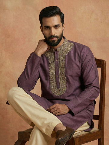 Men's Mauve Purple Silk-Blend Kurta with Intricate Neck Embroidery