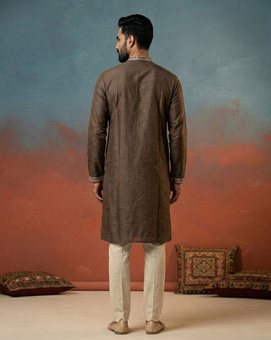 Men's Earthy Brown Embroidered Silk Kurta
