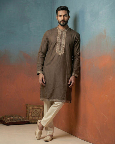 Men's Earthy Brown Embroidered Silk Kurta