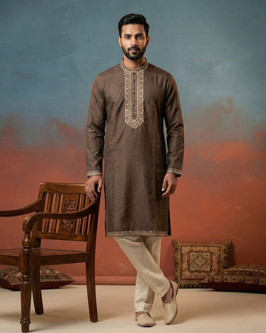 Men's Earthy Brown Embroidered Silk Kurta