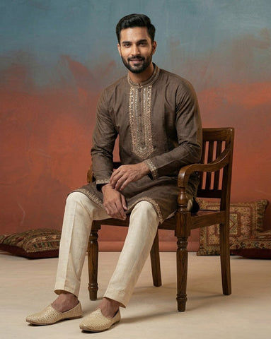 Men's Earthy Brown Embroidered Silk Kurta