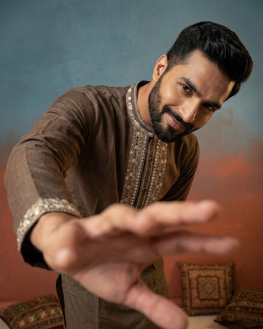 Men's Earthy Brown Embroidered Silk Kurta