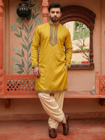 CHHAAP Men's Mustard Yellow Embroidered Cotton Kurta