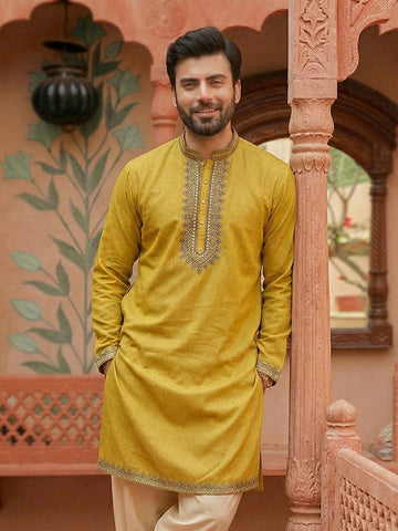 CHHAAP Men's Mustard Yellow Embroidered Cotton Kurta