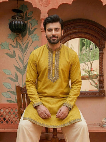 CHHAAP Men's Mustard Yellow Embroidered Cotton Kurta