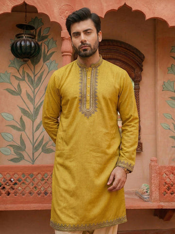 CHHAAP Men's Mustard Yellow Embroidered Cotton Kurta