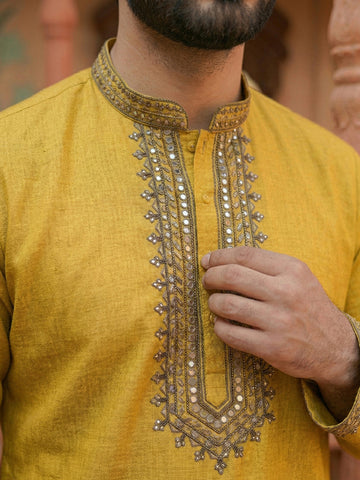 CHHAAP Men's Mustard Yellow Embroidered Cotton Kurta