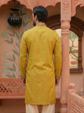 CHHAAP Men's Mustard Yellow Embroidered Cotton Kurta