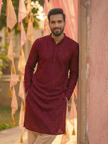 CHHAAP Men Maroon Geometrical Chikankari Embroidered Kurta