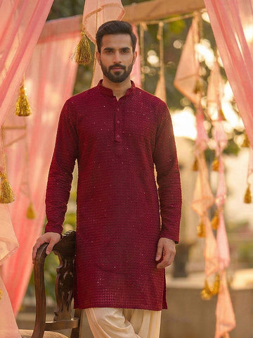 CHHAAP Men Maroon Geometrical Chikankari Embroidered Kurta