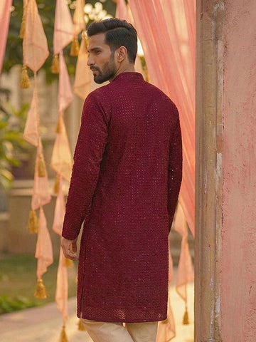 CHHAAP Men Maroon Geometrical Chikankari Embroidered Kurta