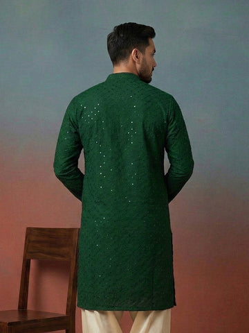 CHHAAP Men's Emerald Green Embroidered Kurta