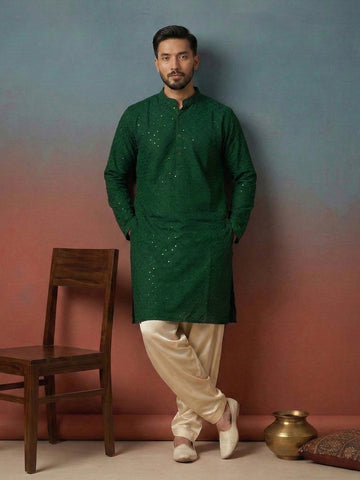 CHHAAP Men's Emerald Green Embroidered Kurta