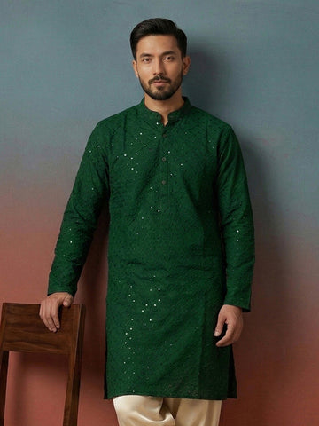 CHHAAP Men's Emerald Green Embroidered Kurta