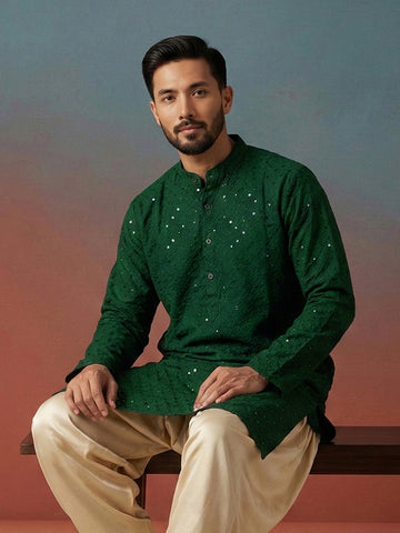 CHHAAP Men's Emerald Green Embroidered Kurta