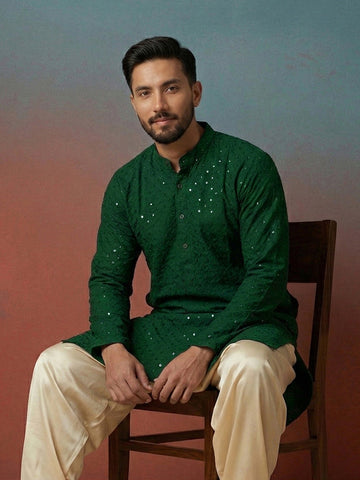 CHHAAP Men's Emerald Green Embroidered Kurta