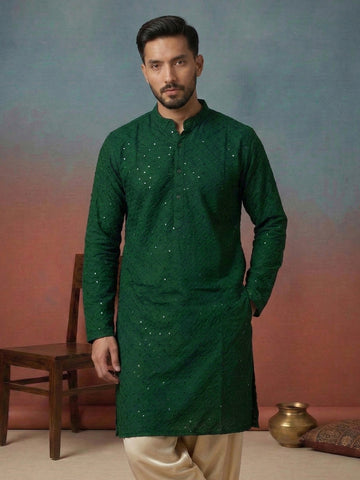 CHHAAP Men's Emerald Green Embroidered Kurta