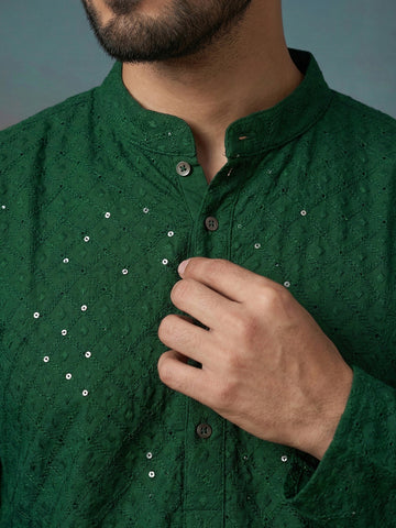 CHHAAP Men's Emerald Green Embroidered Kurta