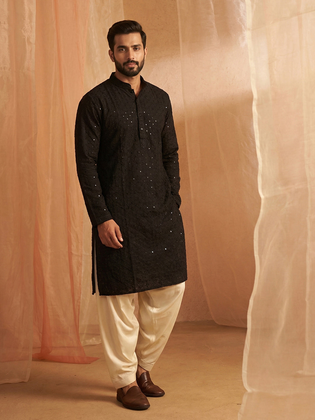 Midnight Black Chikankari Kurta with Mirror Work