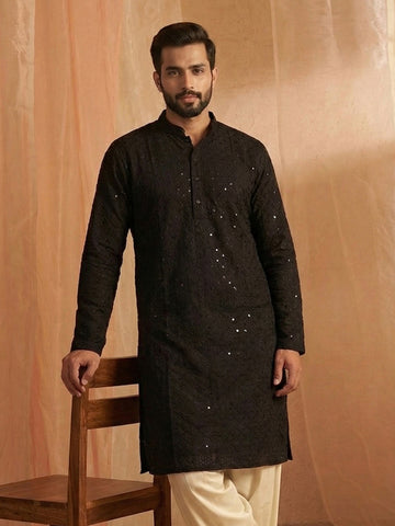 Midnight Black Chikankari Kurta with Mirror Work