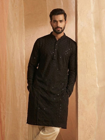 Midnight Black Chikankari Kurta with Mirror Work