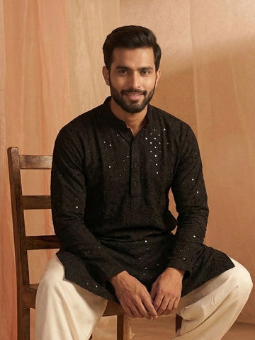 Midnight Black Chikankari Kurta with Mirror Work