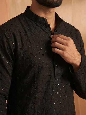 Midnight Black Chikankari Kurta with Mirror Work