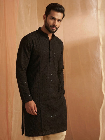 Midnight Black Chikankari Kurta with Mirror Work