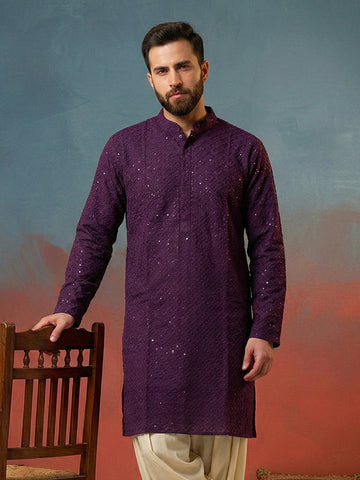 Men's Deep Plum Georgette Chikankari Kurta with Sequin Embellishments