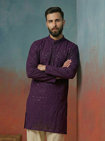 Men's Deep Plum Georgette Chikankari Kurta with Sequin Embellishments
