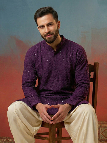 Men's Deep Plum Georgette Chikankari Kurta with Sequin Embellishments