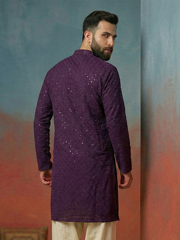 Men's Deep Plum Georgette Chikankari Kurta with Sequin Embellishments